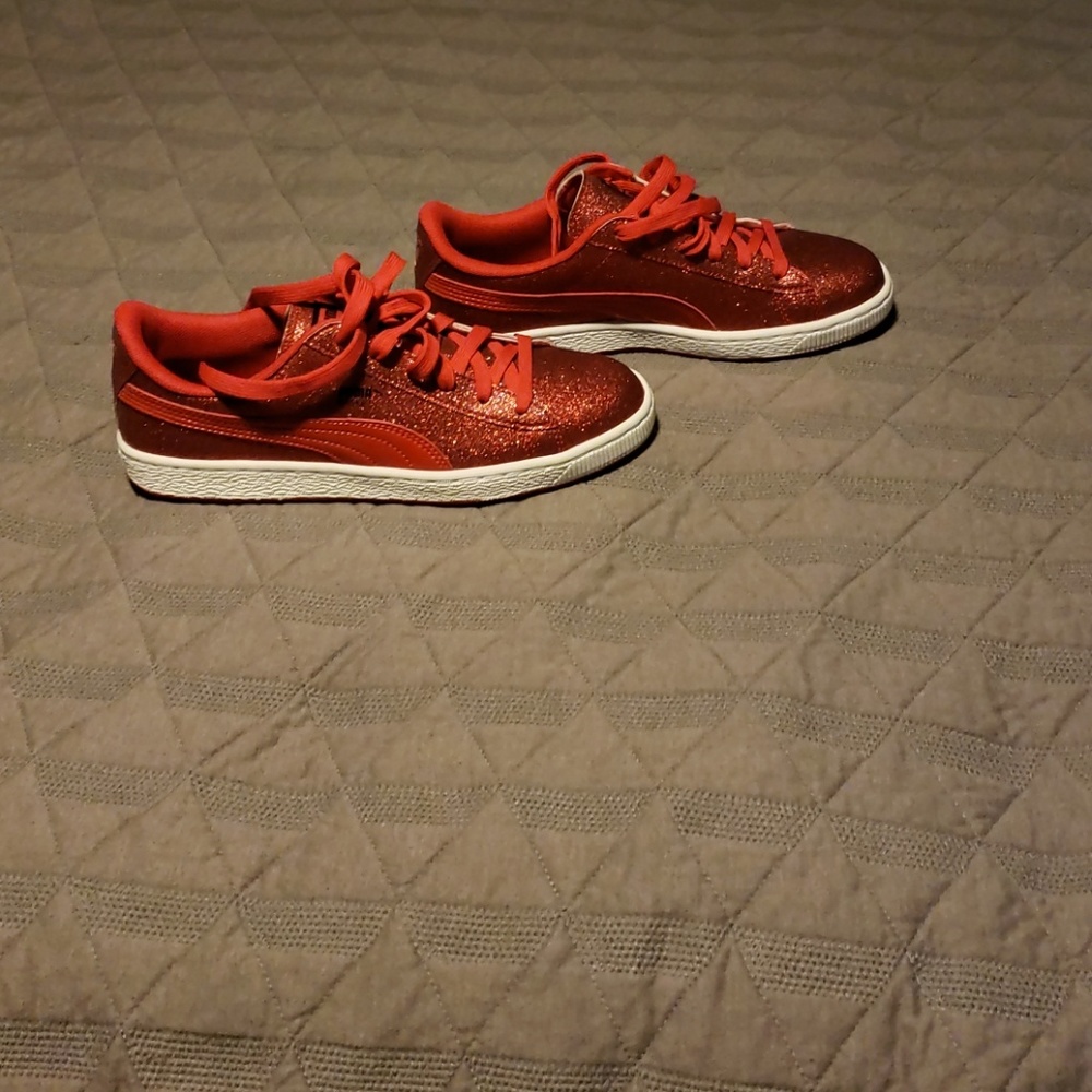 Red sparkly puma sneakers